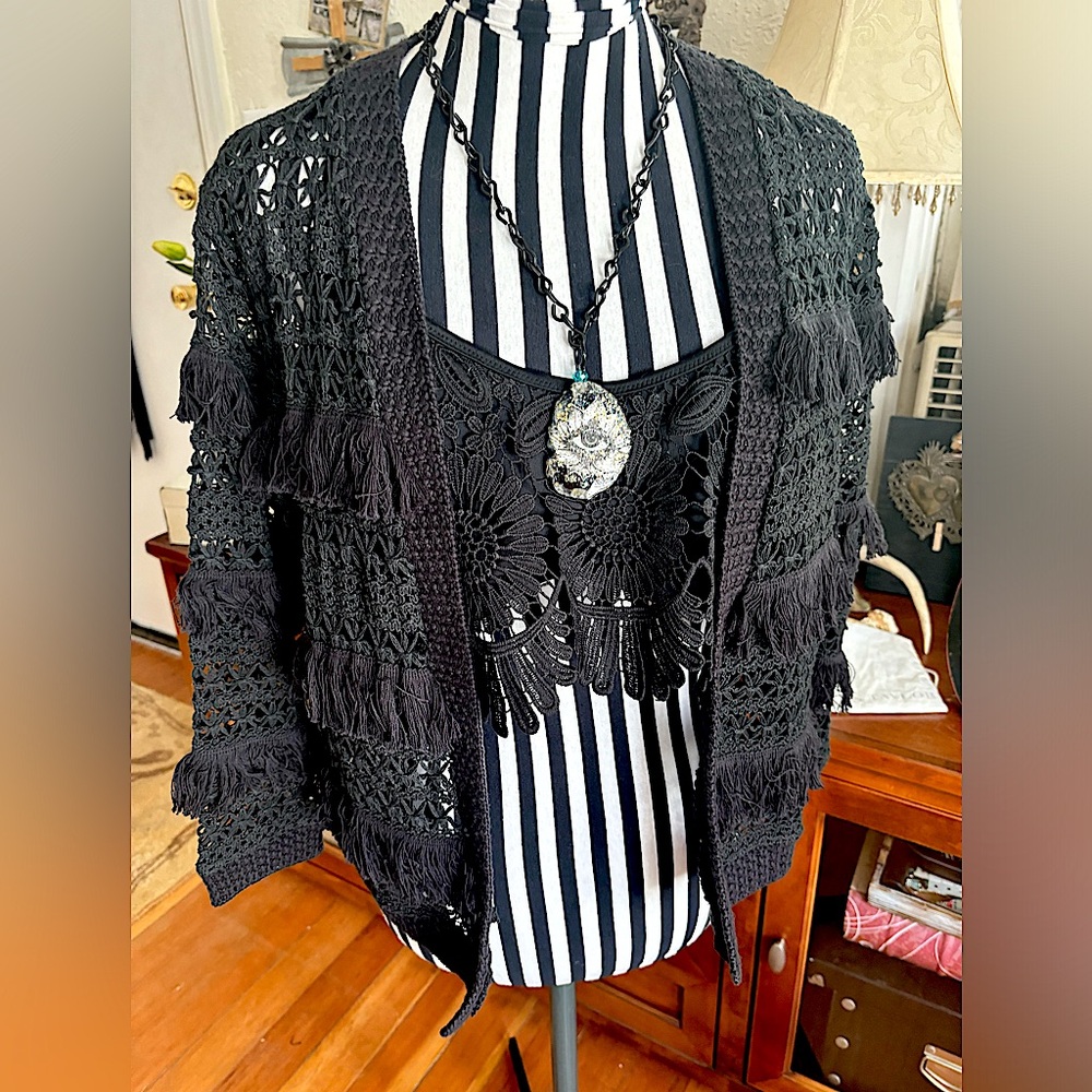 Black Fringed Crochet Layering Knit Cardigan Medium SZ 10/12